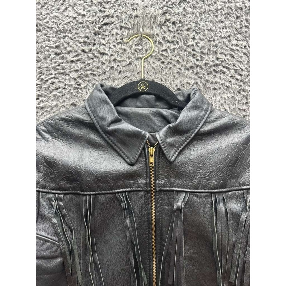 Protech Leather Apparel Fringed Leather Cropped Biker Jacket Black Women Size 12 - Picture 3 of 12